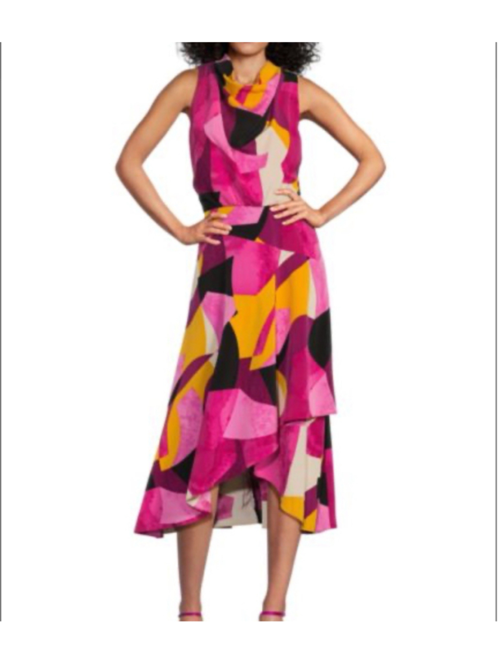 Karl Lagerfeld Paris Size 6 Pink Abstract Cowl Neck Asymmetrical Midi Dress